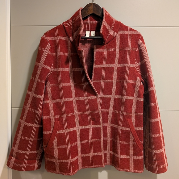 Anthropologie Moth Rust Red Plaid Funnel Neck Coat - Structured & Cozy - Picture 2 of 6
